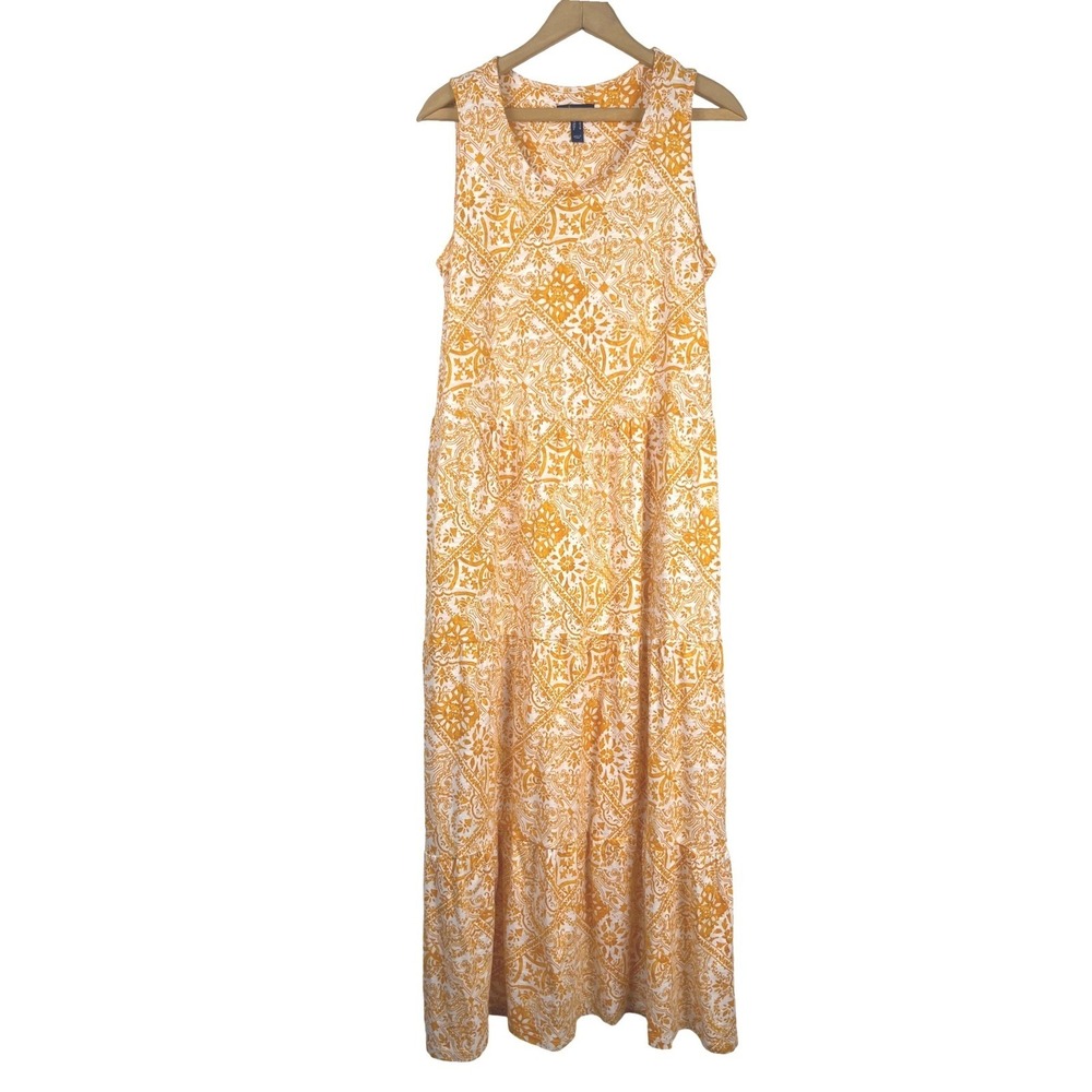 Womens Orange White Medallion Tiered Maxi Dress Sleeveless Cotton Linen S Beach